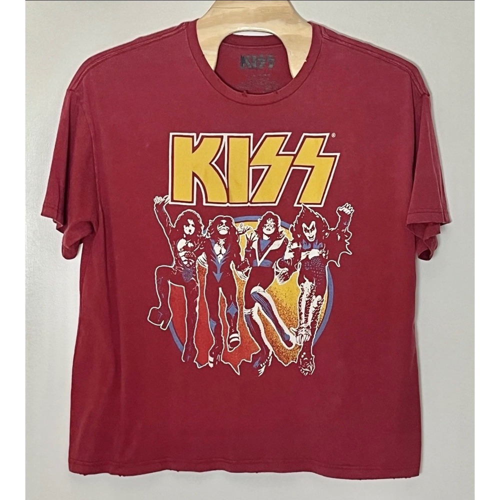 KISS Greatest Hits Band T-Shirt Mens XL Burgundy Distressed Graphic Rock Tee